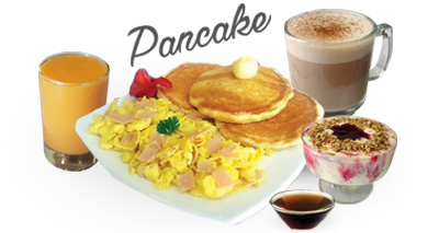 3 Pancakes + Miel de Maple + Huevos con jamón + Yogurt Frutos Rojos + Jugo + Cappuccino.