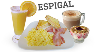 Huevos con Tocino + Tostada mixta (jamón y queso) + Yogurt Frutos Rojos + Jugo + Cappuccino.