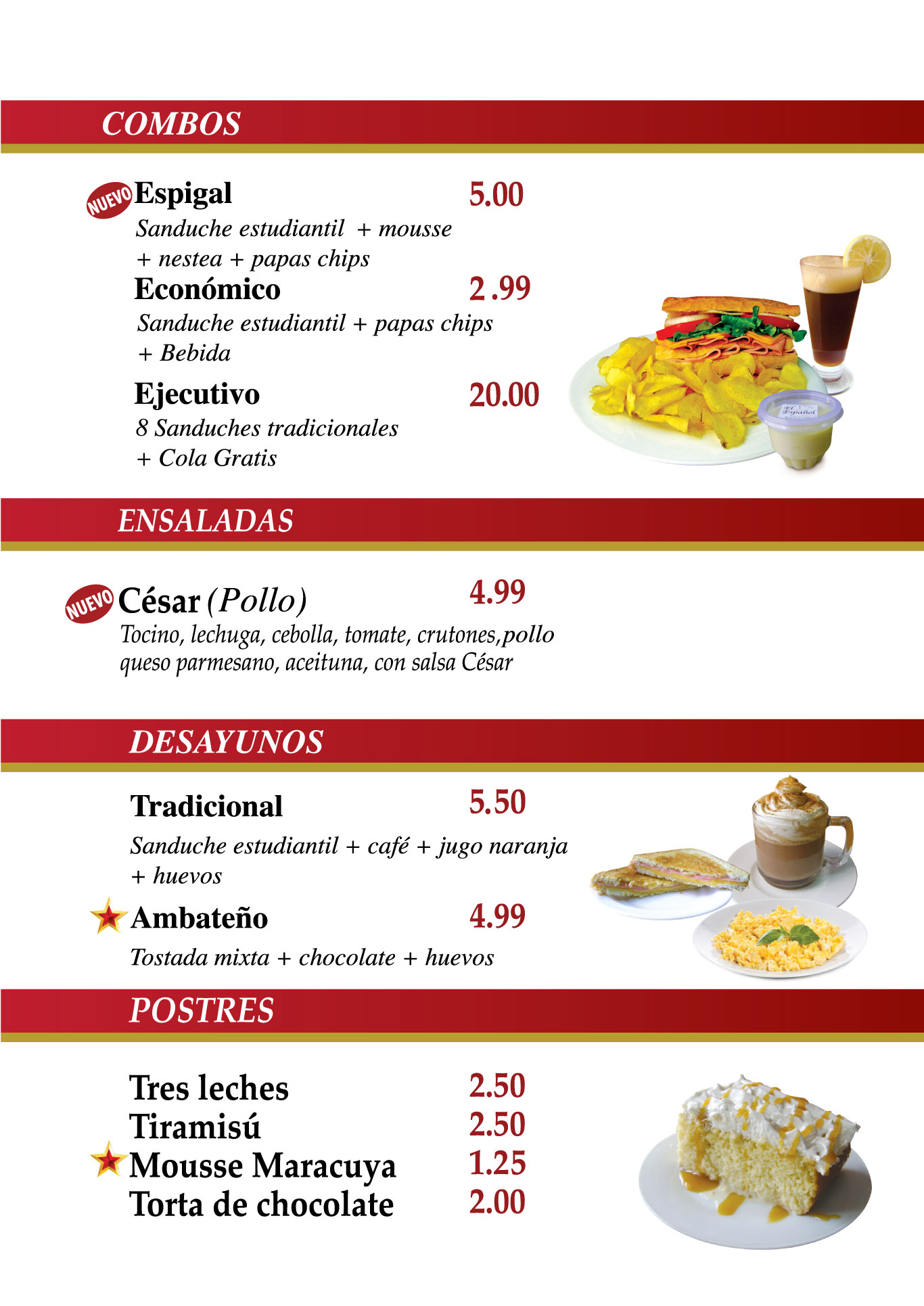 Combos, ensaladas, desayunos, postres